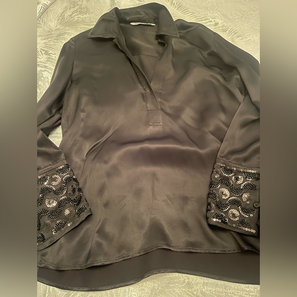 Zara black satin long sleeve blouse with trimmings